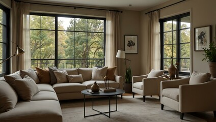 Living room corner in neutral tones with a large window.