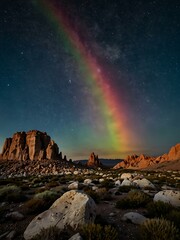 Lunar rainbow illuminating crystalline rocks under a starlit sky.