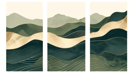 Set of three minimalist line art posters depicting a serene mountain landscape in beige and green tones, enhanced with elegant golden lines.