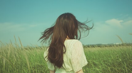 Young Woman with hair fluttering in the wind covering her face with blue sky in summer,good day,freedom, nature concept,Young woman with fluttering hair,Copy space.