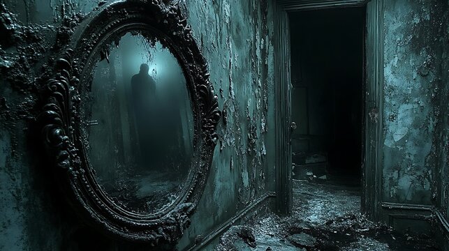 A cursed mirror with dark, ornate designs reflects something terrifying&mdash;an ominous figure lurking in the reflection of an empty, dusty mansion. The atmosphere is filled with dread and mystery.