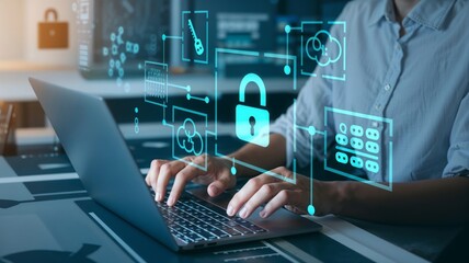 A person types on a laptop, surrounded by digital icons of locks, keys, and data encryption, illustrating cybersecurity, data protection, and secure online communication in a tech-driven world.