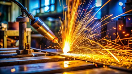 Bright Flame from a Welding Torch Creating Sparks in a Workshop Environment with Metal Materials