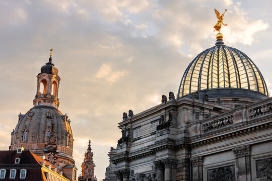 Text Den Bildenden Kuensten zu Nutz und Frommen (For benefit and glory of fine arts). Dresden symbol scenic cityscape view Frauenkirche and Albertinum Fine art academy university Saxony city travel