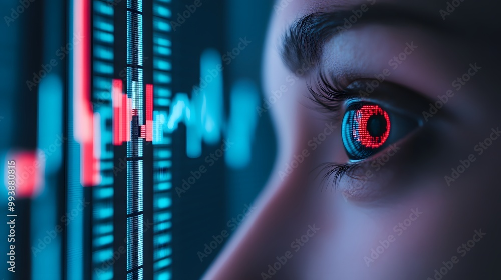 Poster a close-up of an eye with a digital display reflecting data trends, highlighting futuristic technolo