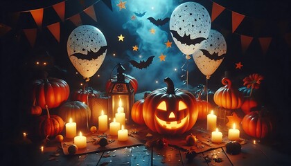 Halloween pumpkin with balloons and candles,generative ai