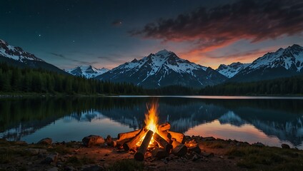 Majestic mountain landscape with a campfire by a lake.