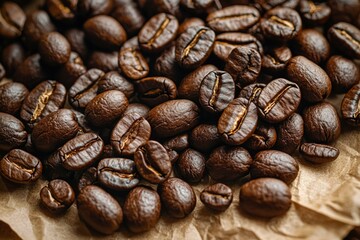 Fototapeta premium Close-up of Roasted Coffee Beans on Brown Paper