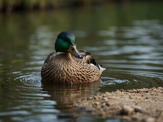 Mallard duck resting on a rock in a pond.