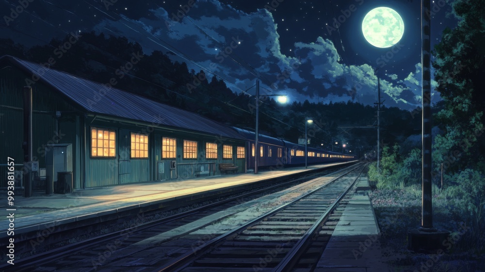 Aufkleber a night scene of a train illuminated by platform lights at a quiet station, with shadows cast by the