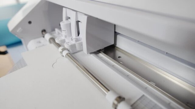 CNC machine cuts different shapes on white paper. Cutting cardboard on a cutting machine. Cutting plotter in process.