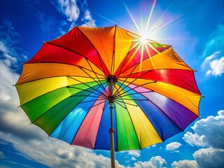 Bright Sunlight Overhead with a Colorful Umbrella Providing Shade on a Warm Summer Day Outdoors