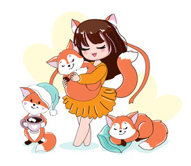 Adorable little cartoon girl in anime style with cute foxes. Fox costume. Vector illustration for children. T-shirt design print
