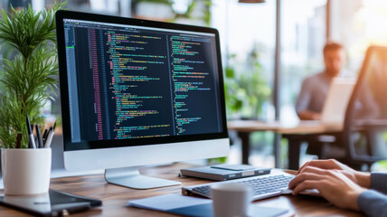 A person is working on computer with code displayed on screen in modern office environment. workspace features plants and collaborative atmosphere, enhancing productivity and creativity