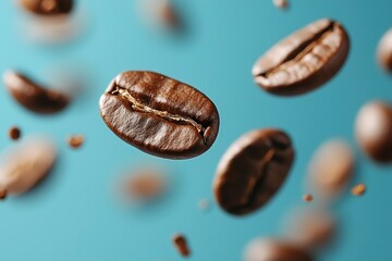 Fototapeta premium Close-up of Roasted Coffee Beans Falling Against a Blue Background