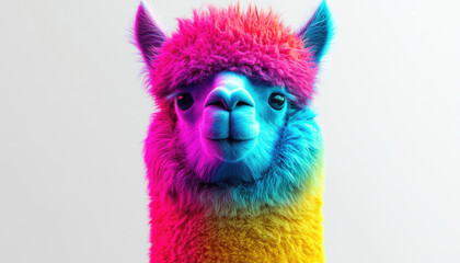 Fototapeta premium Colorful llama with vibrant fur against a white isolate background.