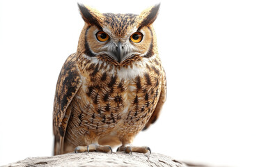 Naklejka premium Owl with striking features, perched on log, white isolate background.