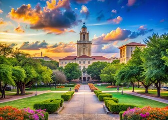 Campus scenery and architecture at a prominent university in Texas showcasing vibrant student life