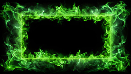 Naklejka premium Flaming green fire frame set against a pitch black background. Magic glow. Flaming frame with a black background. With empty space for text in the center. With copy space. Green Smoke frame