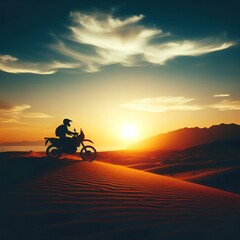 Silhouette of motorcyclist in desert. Romantic desert. 