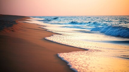 A beautiful sunset over the ocean with waves crashing on the sandy beach.