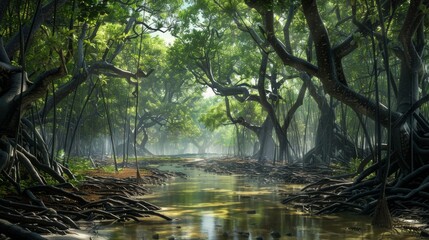 Obraz premium Enchanting Overgrown Mangrove Forest with Tranquil Pond Reflection