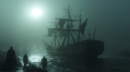 A ghost ship drifts silently across misty waters, its broken sails glowing under the pale moonlight, with shadowy ghost figures walking the deck. The scene is haunting, filled with dark mystery.