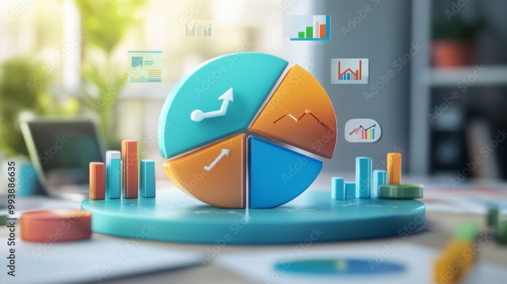 Aufkleber A segmented 3D pie chart in shades of blue, orange, and green, floating in front of a business analyst, with arrows and icons showing trends and insights