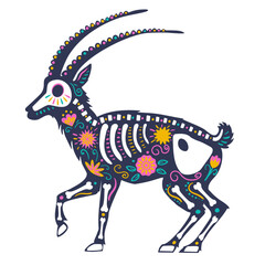 Mountain goat skeleton decorated with flowers and decorative elements, side view. Festive animal for the Mexican Day of the Dead,  Dia de los Muertos.