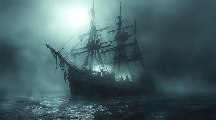 A ghostly pirate ship floats through dense fog, its broken sails glowing faintly under the pale moonlight, ghostly figures walking the deck. The scene is eerie and haunting,