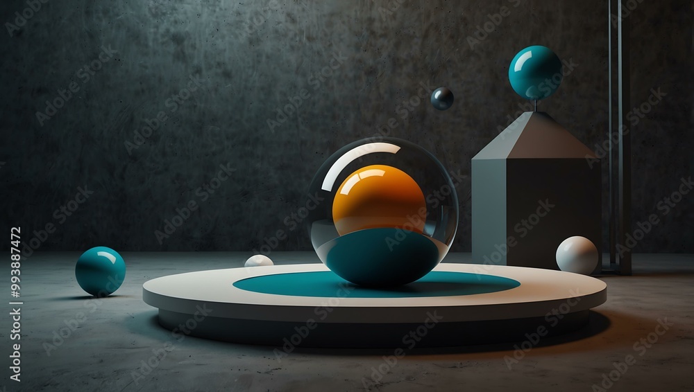 Poster modern abstract scene with a circular platform and floating spheres.