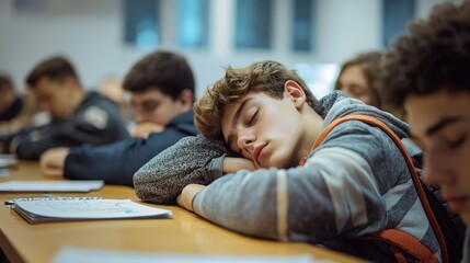 Teenager students sitting in class room and listening, but one boy sleeping on desk.