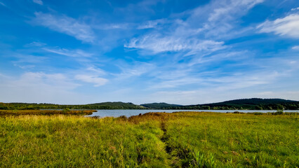 Scenic part of the educational trail Olšina in the Šumava region, with a wooden path winding through wetlands, meadows and trees. 
