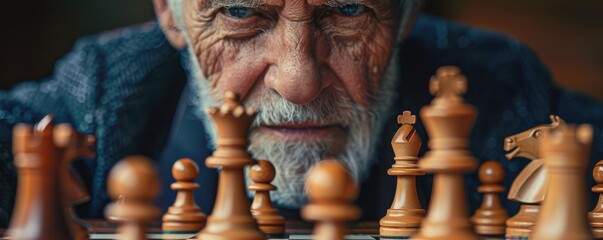 Fototapeta premium An elderly man intently focusing on a chess game, strategizing his next move with precision.