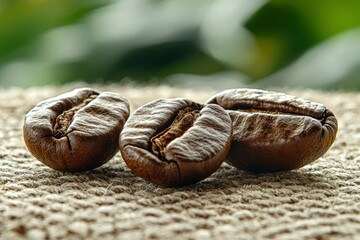 Three Roasted Coffee Beans on a Burlap Surface