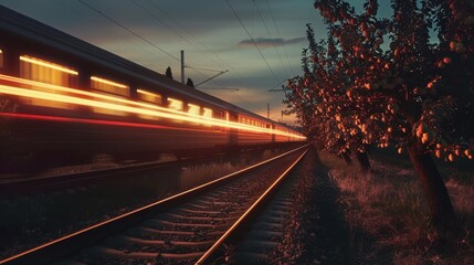 Obraz premium Midnight Train Passing Through Luminous Orchard - 8K UHD Motion Blur