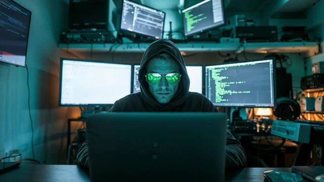 4K footage of a hacker in a dimly lit room, with green code reflecting on their glasses, capturing the dark and secretive world of cybersecurity, hacking, and digital espionage.
