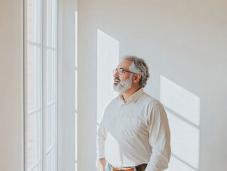 Fototapeta premium Thoughtful Latino Man in Bright Interior Space