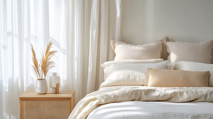 Minimalist bedroom with soft beige bedding, wooden nightstand, and neutral decor elements in natural lighting