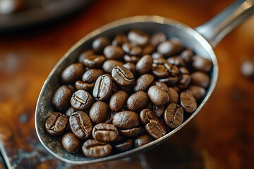 Roasted Coffee Beans in a Silver Spoon