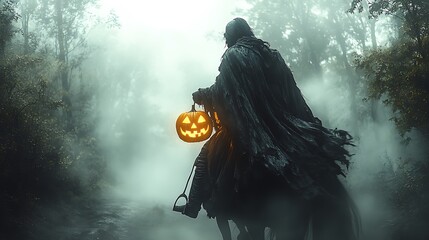 Obraz premium A misty forest illuminated by the glowing jack-o'-lantern held by the Headless Horseman, who rides a black horse through the dense fog, his cape flowing behind him.