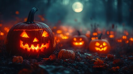 Obraz premium A moonlit pumpkin patch at midnight, glowing jack-o'-lanterns flickering and casting long shadows over the mist-covered field. The atmosphere is spooky and eerie, perfect for Halloween.
