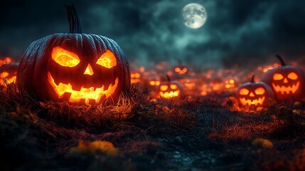 Naklejka premium A moonlit pumpkin patch at midnight, glowing jack-o'-lanterns flickering and casting long shadows over the mist-covered field. The atmosphere is spooky and eerie, perfect for Halloween.