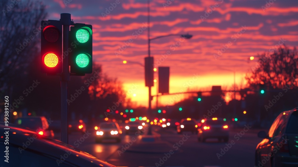 Aufkleber a sunset scene featuring a traffic light changing from red to green, casting colorful reflections on