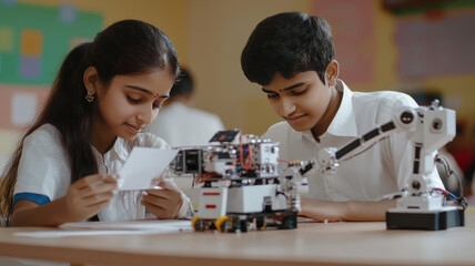 two modern small indian students doing a robotic project. the students must wear white shirt, in classroom