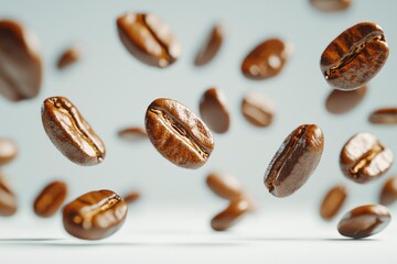 Obraz premium Close-up of Roasted Coffee Beans Falling Against a White Background