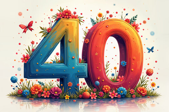 40th birthday card. Large, stylized number 40 with a three-dimensional appearance, surrounded by colorful flowers and butterflies. - Powered by Adobe