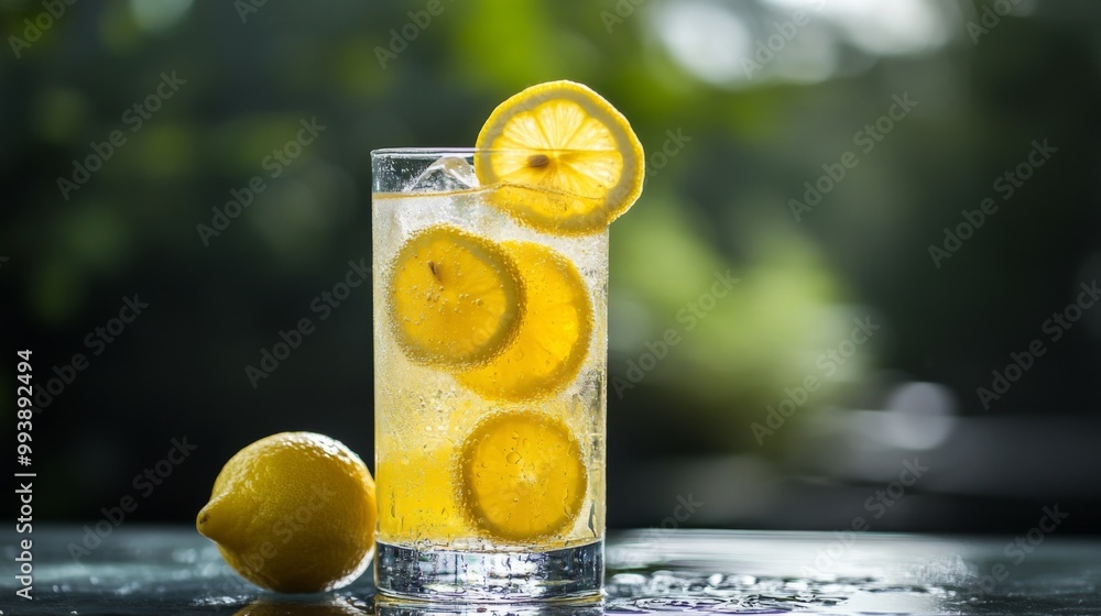 Poster a tall glass of iced lemon syrup drink with fresh lemon slices floating on top, served on a summer d