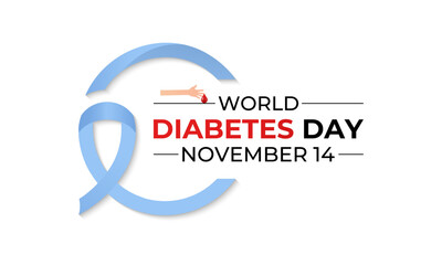 World Diabetes Day. Diabetes celebrated every year on November 14.Realistic ribbon with hand and blood. Vector illustration. Banner poster and background design template.