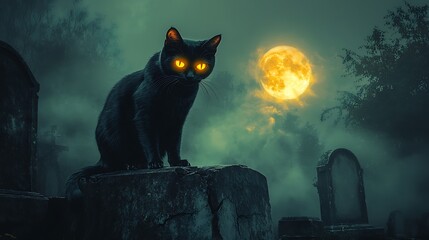 A sinister black cat with glowing yellow eyes sits on a cracked tombstone in a misty graveyard, the full moon glowing in the background. The atmosphere is dark and filled with supernatural energy.
